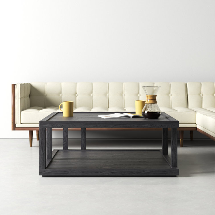 Black Solid Wood Square Coffee Table with Shelf