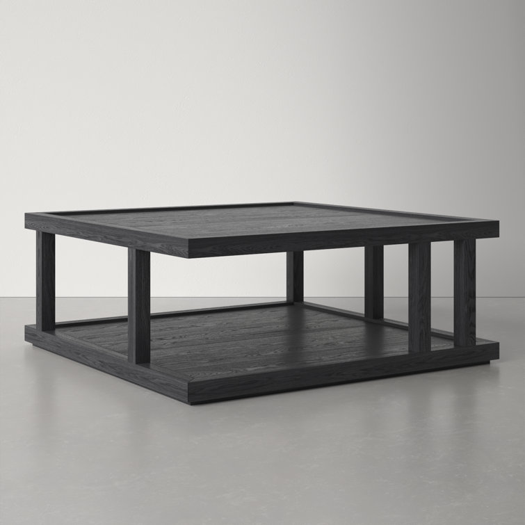 Black Solid Wood Square Coffee Table with Shelf