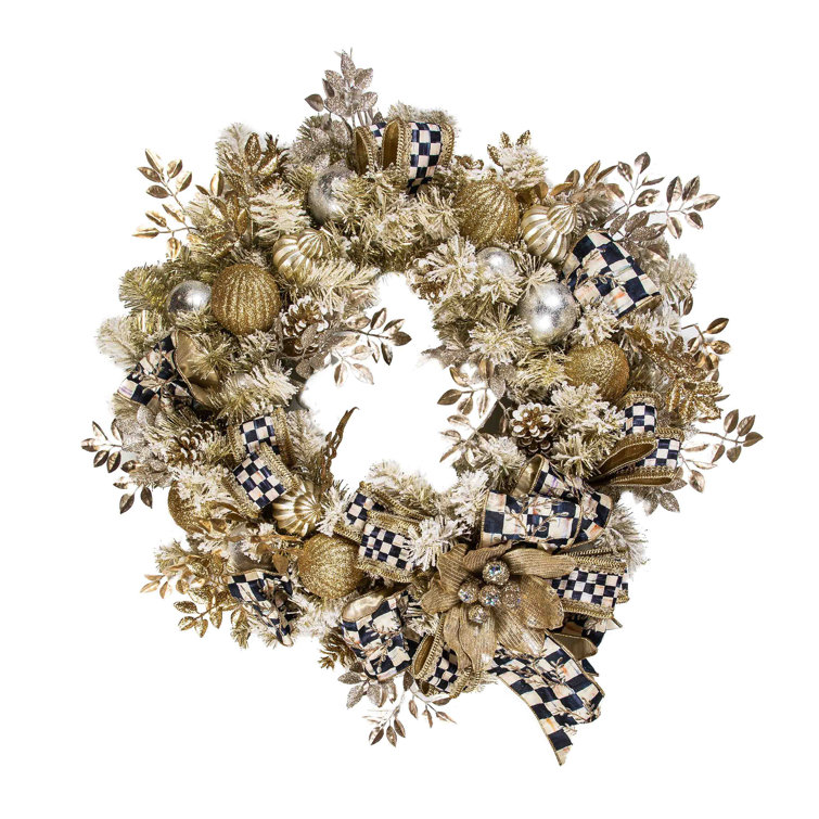 Gold and Silver Pre-Lit Artificial Christmas Wreath with Ribbon