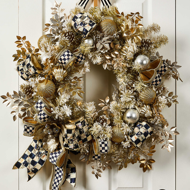 Gold and Silver Pre-Lit Artificial Christmas Wreath with Ribbon