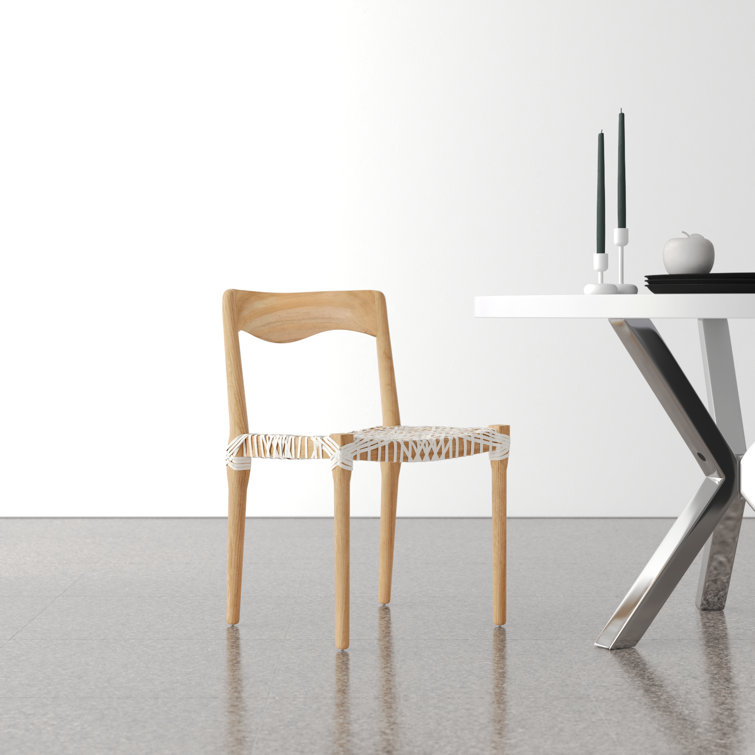 Sezia Victorian-Inspired Teak Wood Dining Chair with Off-White Woven Leather Seat