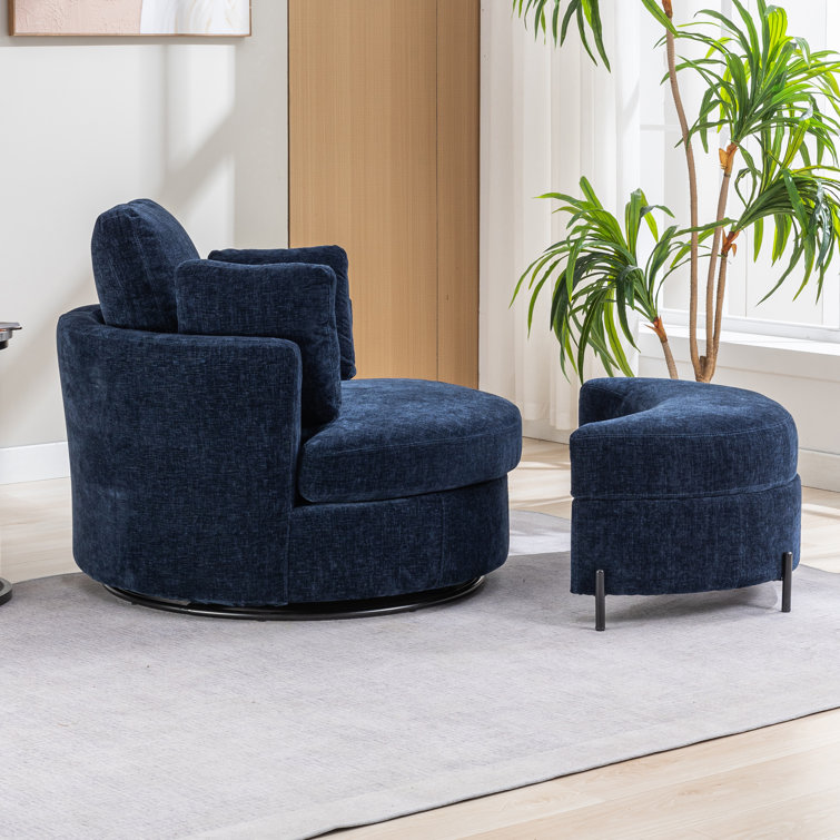 Navy Chenille Swivel Barrel Chair with Ottoman