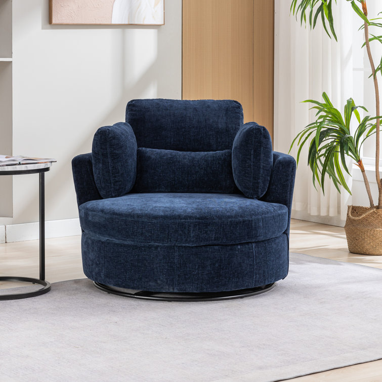 Navy Chenille Swivel Barrel Chair with Ottoman