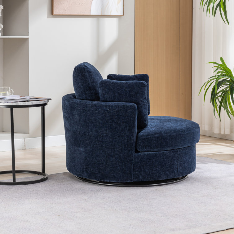 Navy Chenille Swivel Barrel Chair with Ottoman
