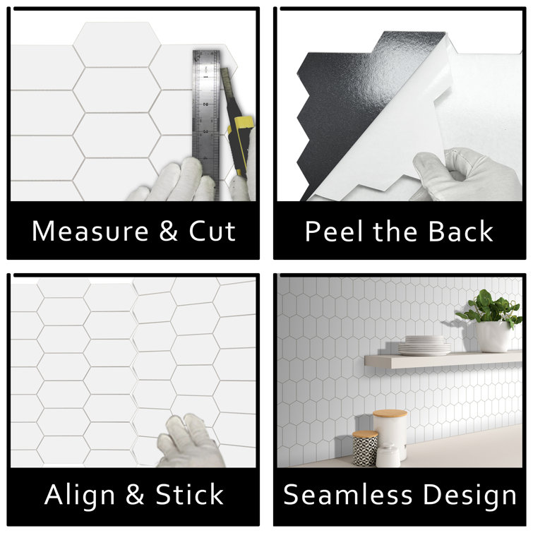 White Hexagonal Peel and Stick Stone Mosaic Tile Sheet
