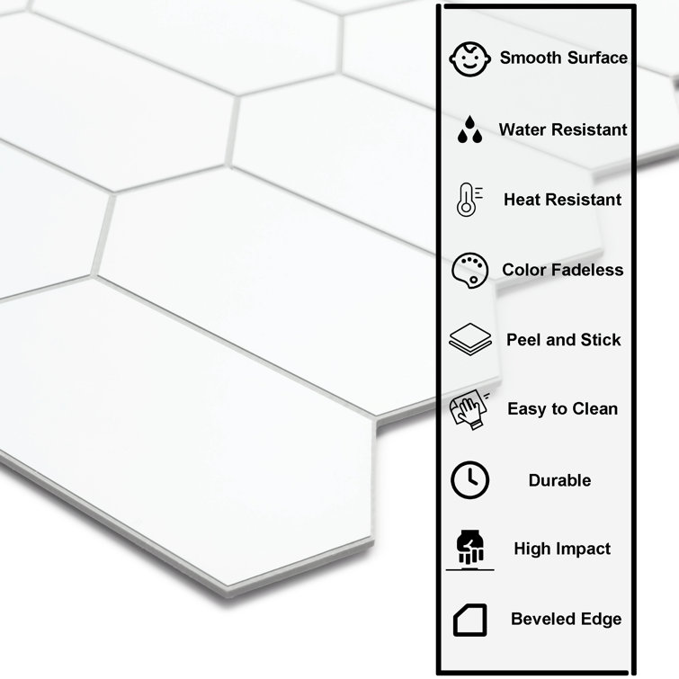 White Hexagonal Peel and Stick Stone Mosaic Tile Sheet