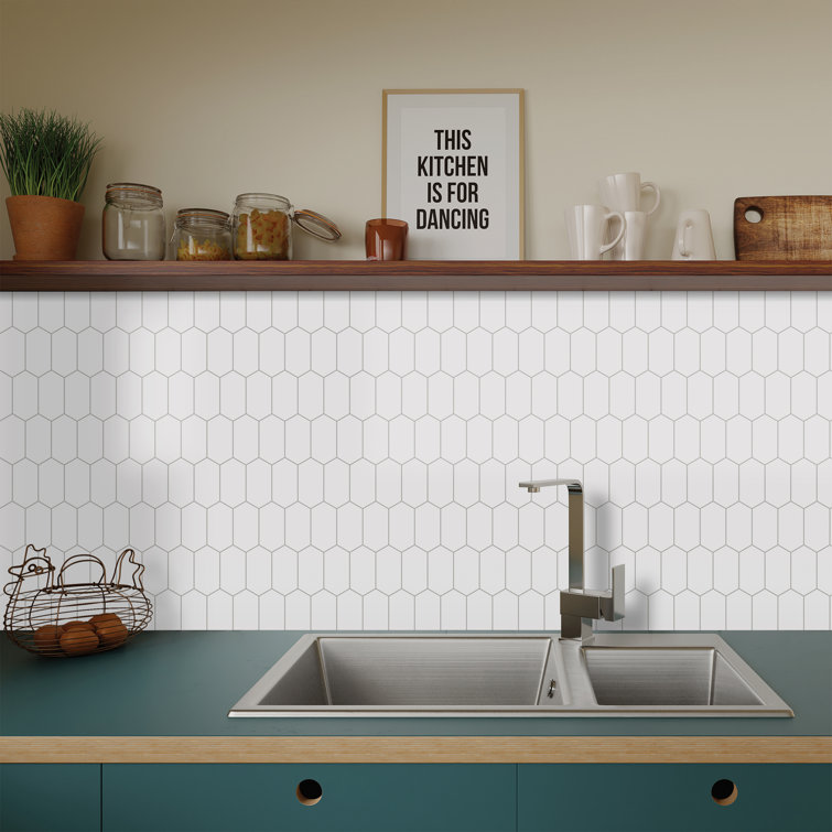 White Hexagonal Peel and Stick Stone Mosaic Tile Sheet