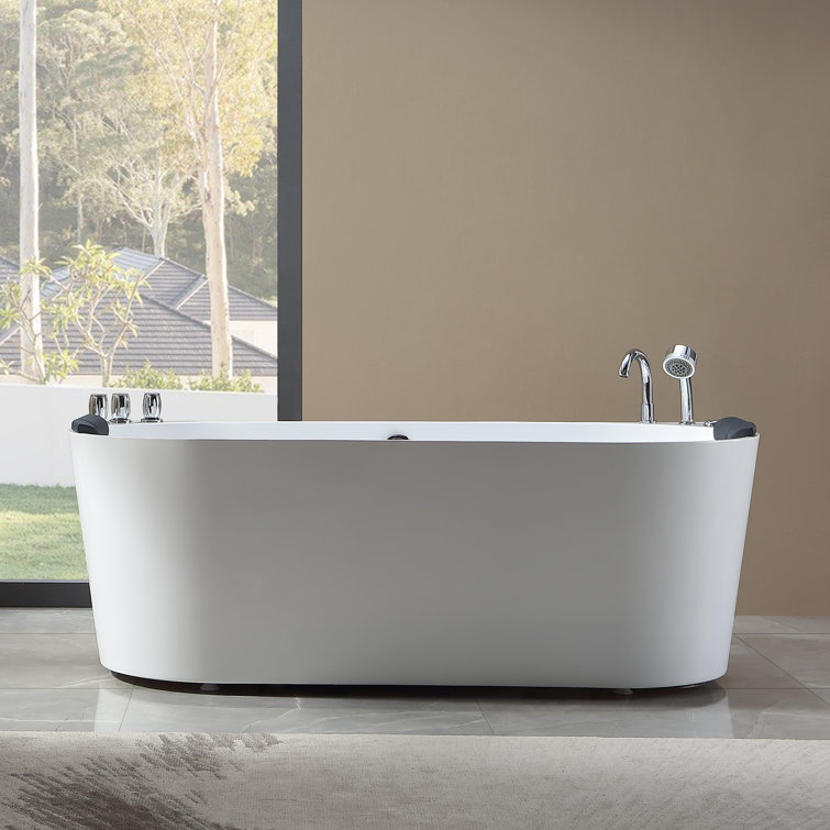 59'' White Freestanding Acrylic Whirlpool Bathtub with Faucet