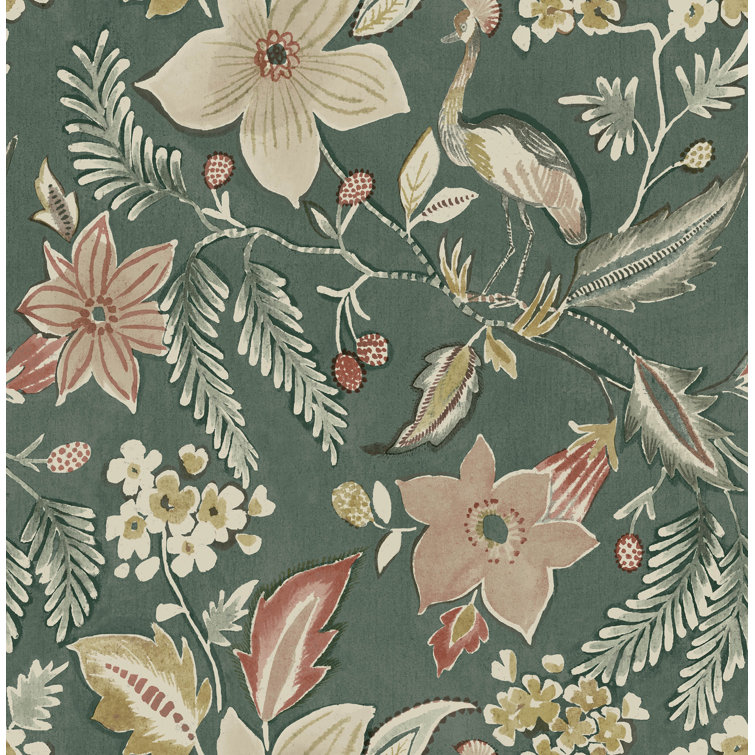 Sea Green Floral Non-Woven Wallpaper with Crowned Cranes