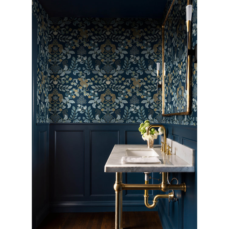 Getty Navy Blue and Gold Non-pasted Damask Wallpaper