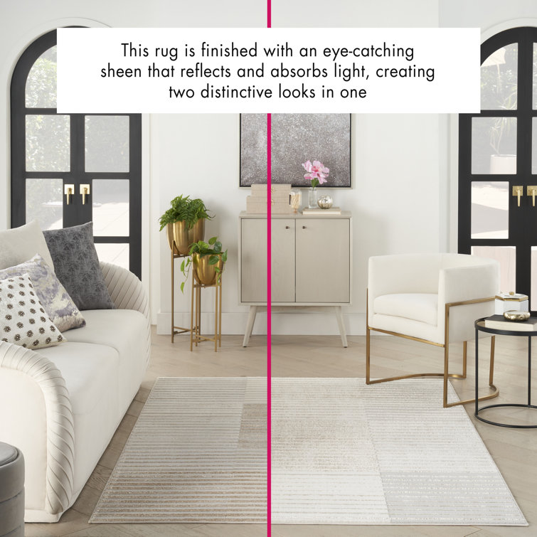 Beige Silver Striped 5' x 7' Synthetic Area Rug