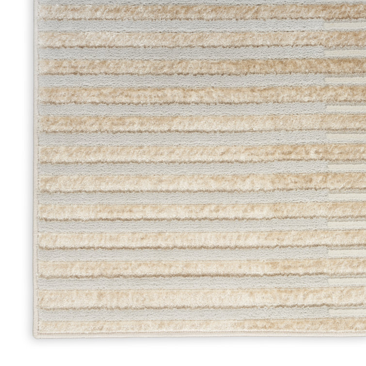 Beige Silver Striped 5' x 7' Synthetic Area Rug
