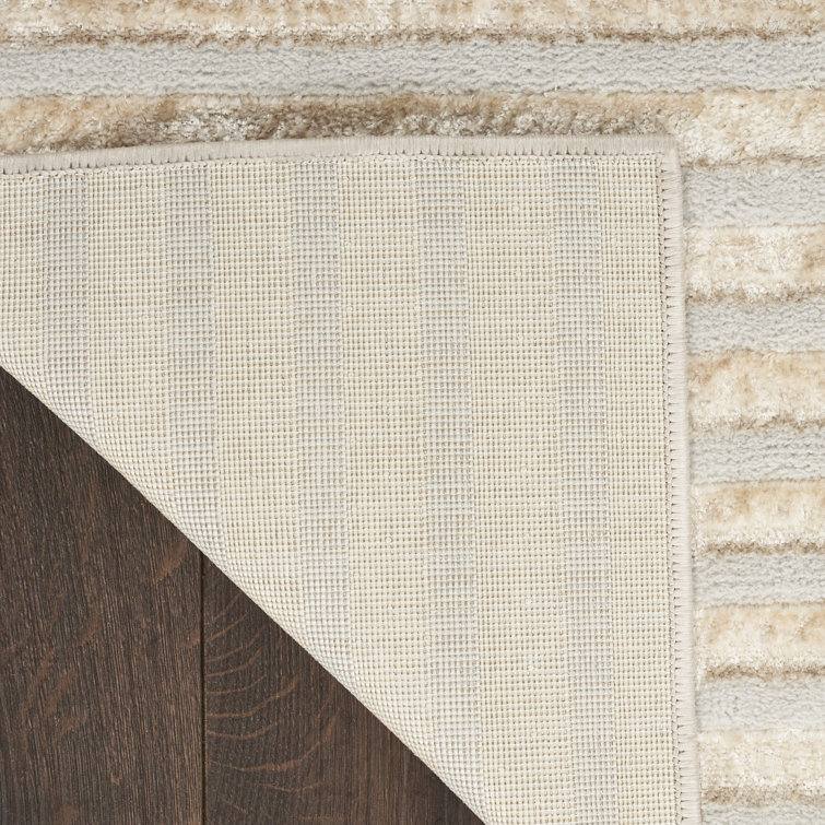 Beige Silver Striped 5' x 7' Synthetic Area Rug