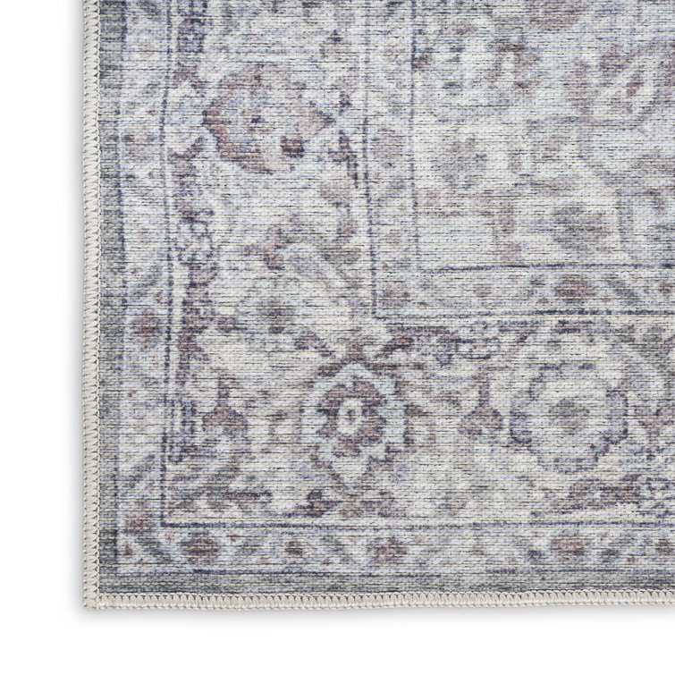 Ivory Grey Floral Cotton Chenille Washable Rug 5' x 7'