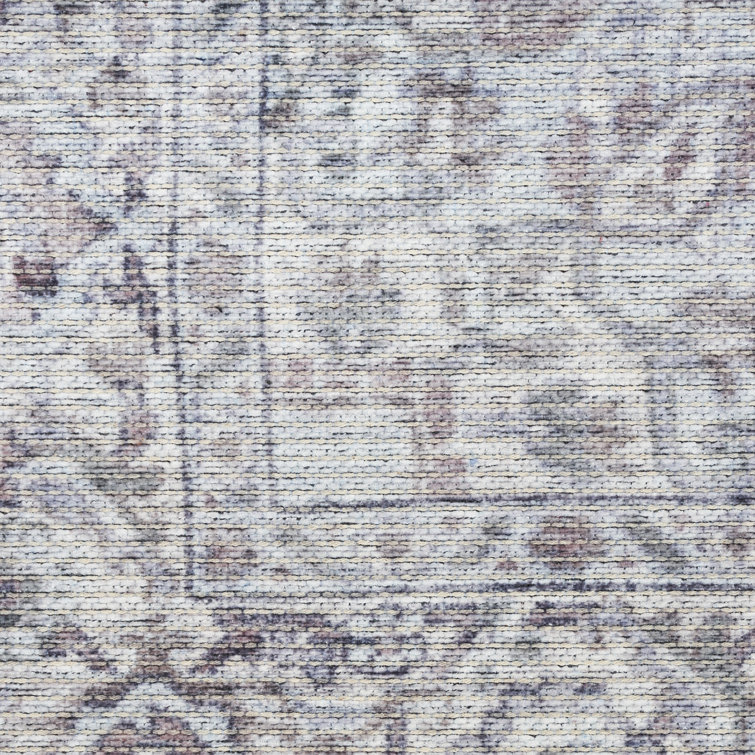 Ivory Grey Floral Cotton Chenille Washable Rug 5' x 7'