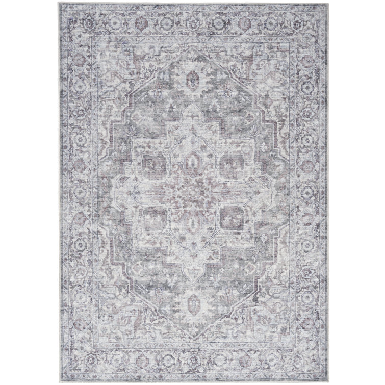 Ivory Grey Floral Cotton Chenille Washable Rug 5' x 7'