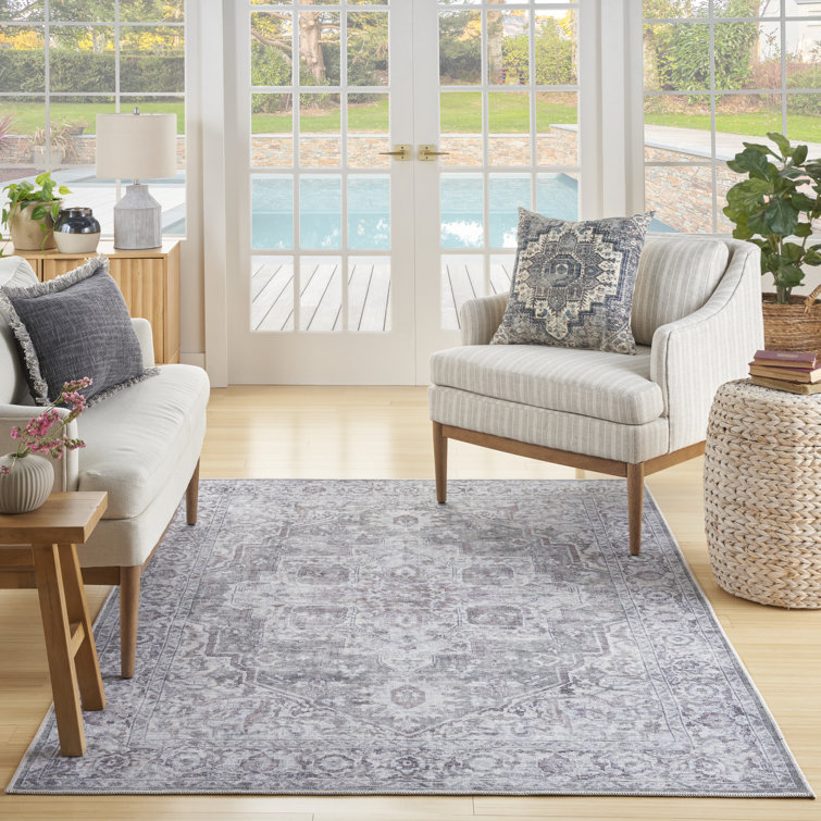 Ivory Grey Floral Cotton Chenille Washable Rug 5' x 7'