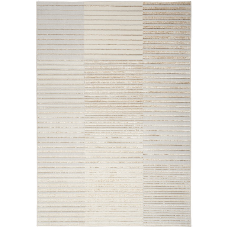 Beige Silver Striped 5' x 7' Synthetic Area Rug