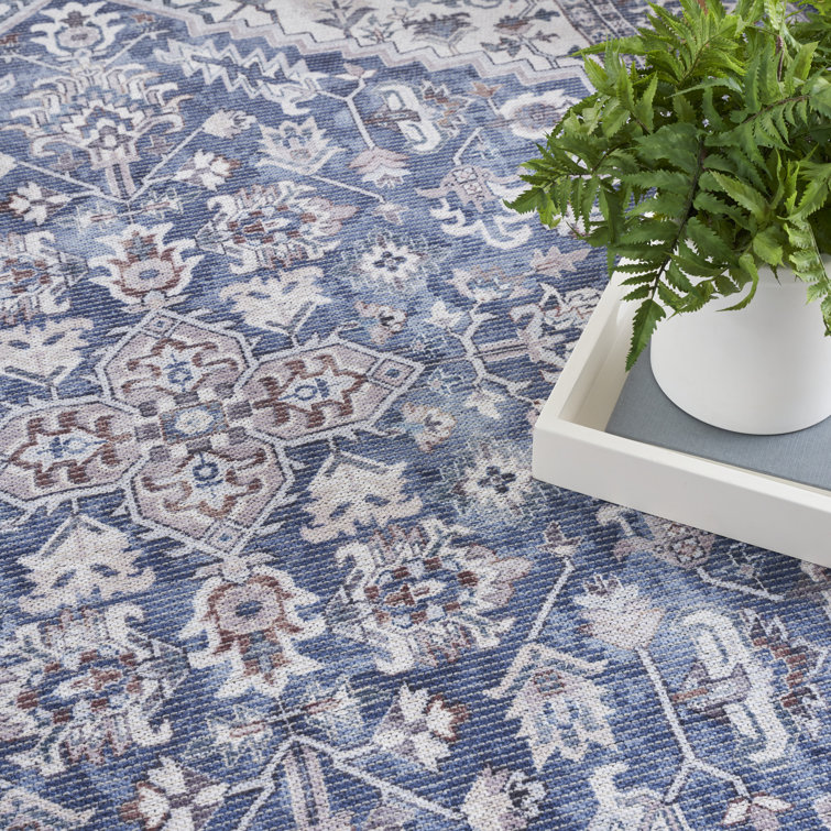 Navy Ivory Floral Cotton Chenille Runner Rug 2' x 6'