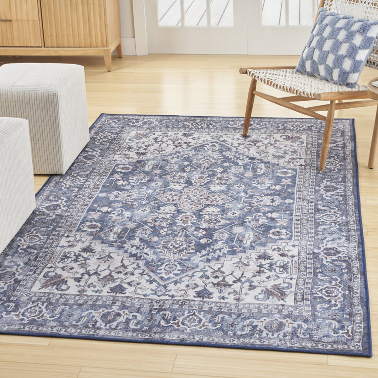 Navy Ivory Floral Cotton Chenille Rectangular 4' x 6' Rug