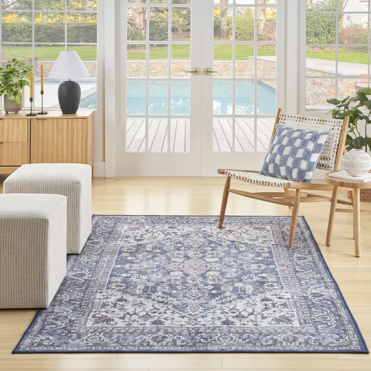 Navy Ivory Floral Cotton Chenille 8' x 10' Area Rug