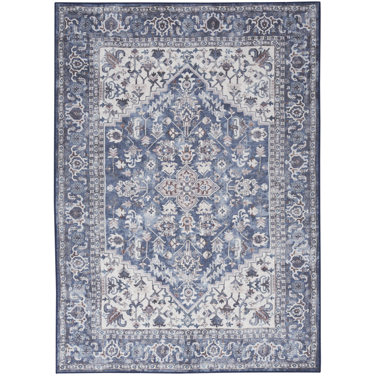 Navy Ivory Floral Cotton Chenille 8' x 10' Area Rug