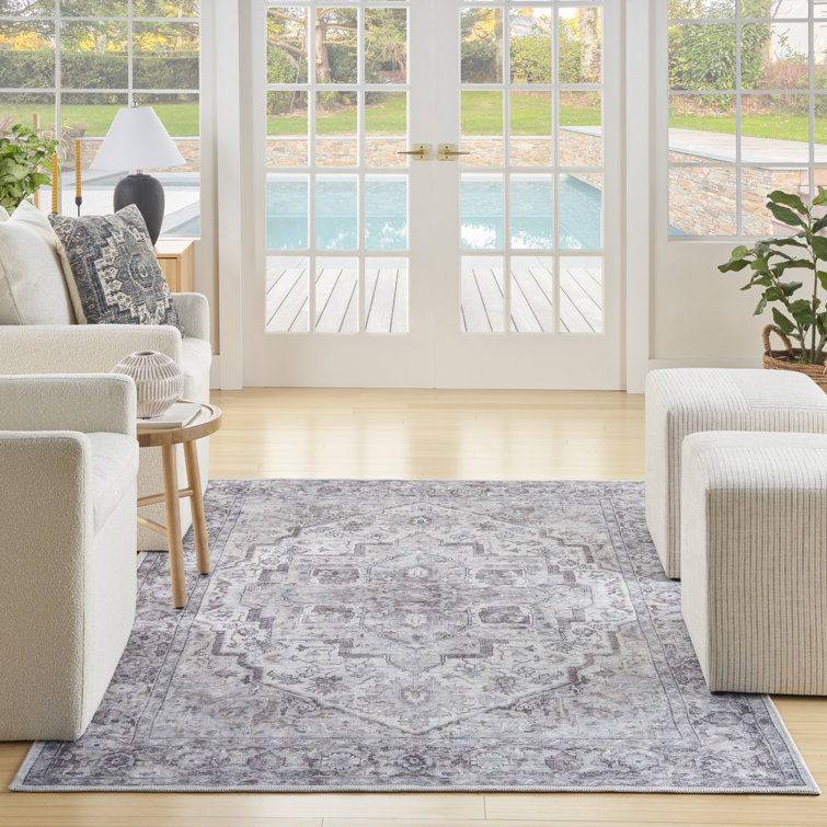 Ivory Beige Floral Cotton Chenille 6' x 9' Area Rug