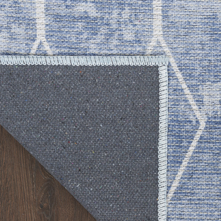 Blue Geometric Cotton Chenille 6' x 9' Washable Rug