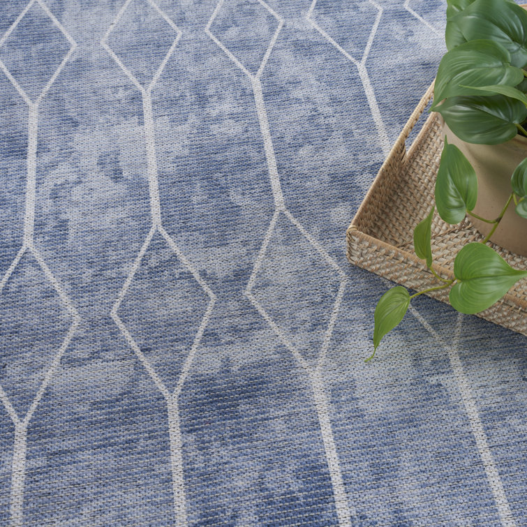 Blue Geometric Cotton Chenille 6' x 9' Washable Rug