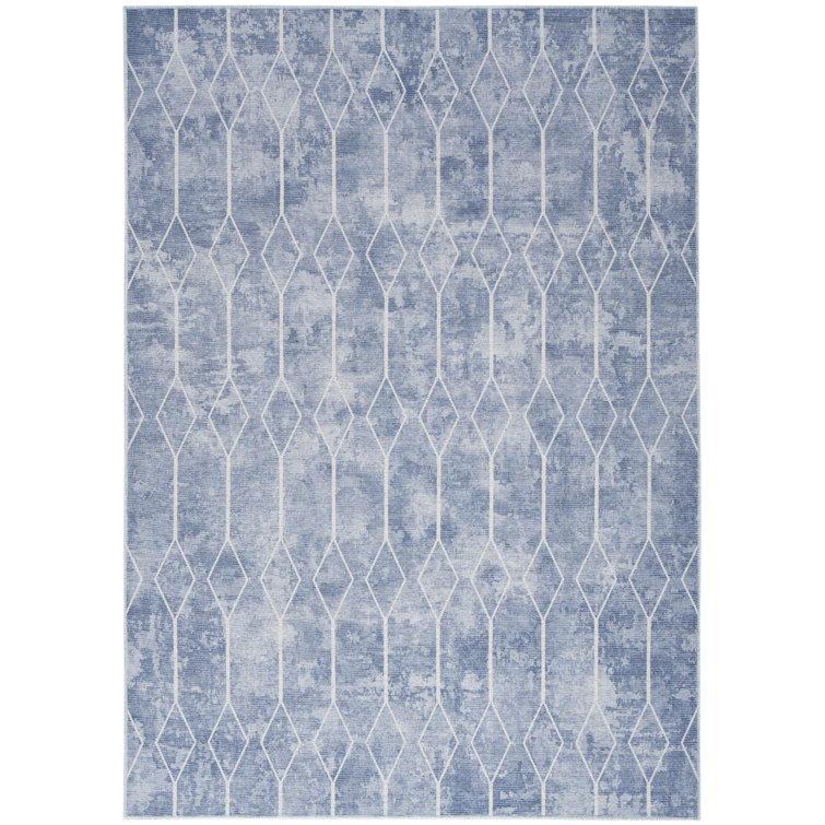 Blue Geometric Cotton Chenille 6' x 9' Washable Rug