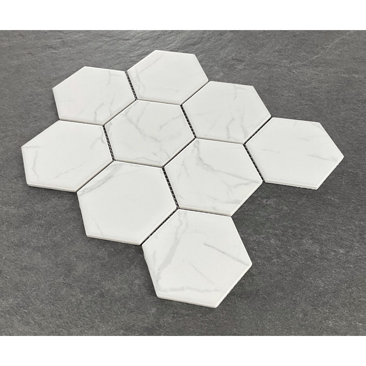 White Carrara Porcelain Hexagon Mosaic Wall & Floor Tile