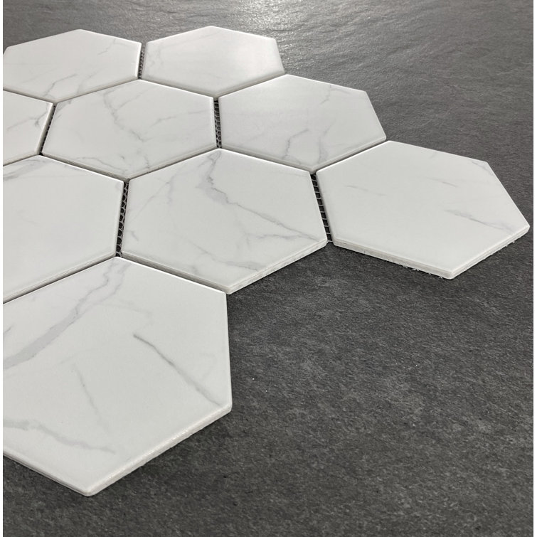 White Carrara Porcelain Hexagon Mosaic Wall & Floor Tile