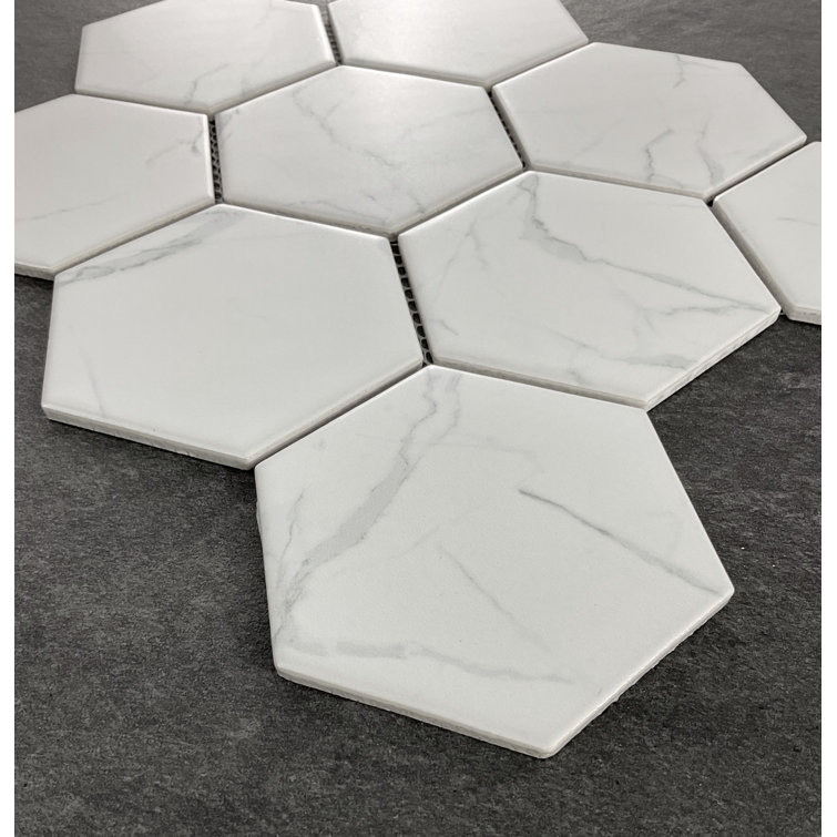 White Carrara Porcelain Hexagon Mosaic Wall & Floor Tile