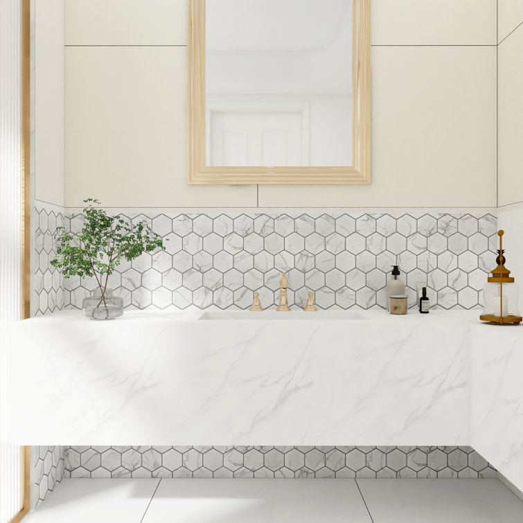 White Carrara Porcelain Hexagon Mosaic Wall & Floor Tile