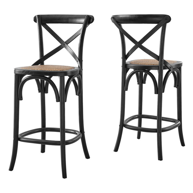 Black Elm Wood Counter Stool with Woven Rattan Seat