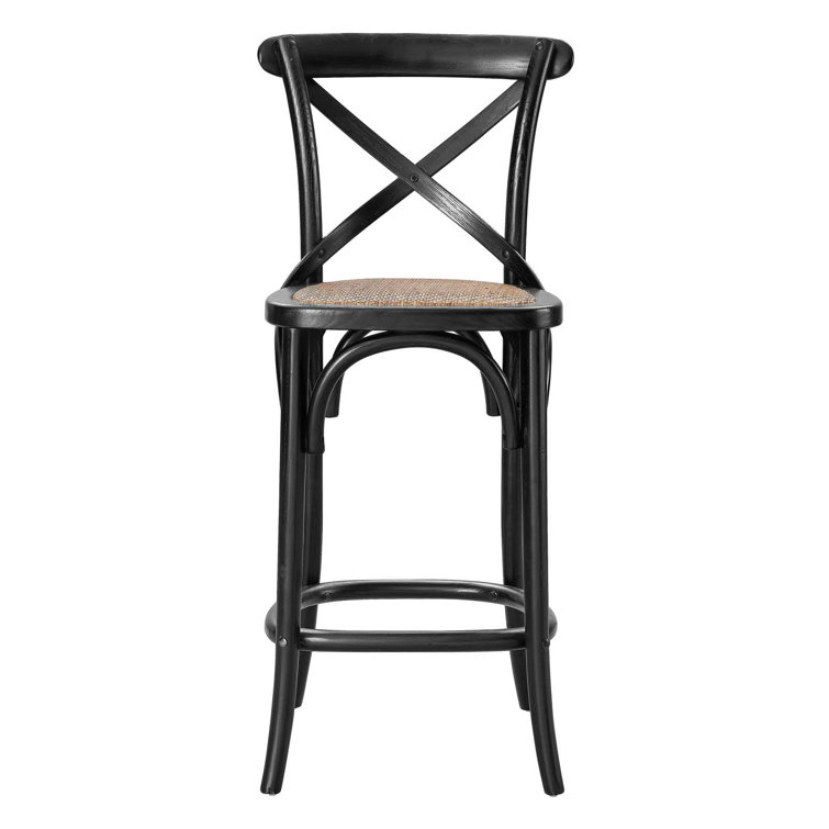 Black Elm Wood Counter Stool with Woven Rattan Seat