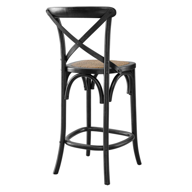 Black Elm Wood Counter Stool with Woven Rattan Seat