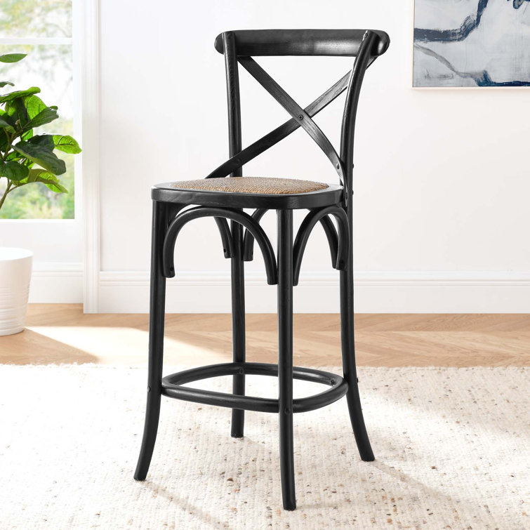 Black Elm Wood Counter Stool with Woven Rattan Seat
