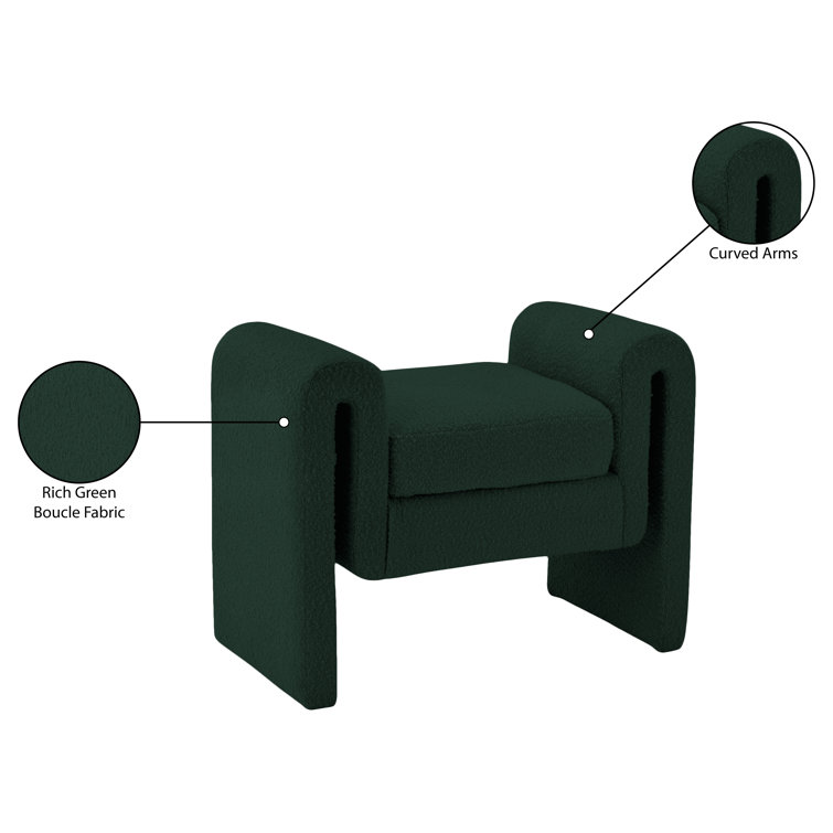 Contemporary Green Boucle Upholstered Bench with Curved Arms
