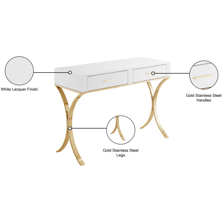 Monroe Gold Stainless Steel and White Lacquer Vanity Desk Console