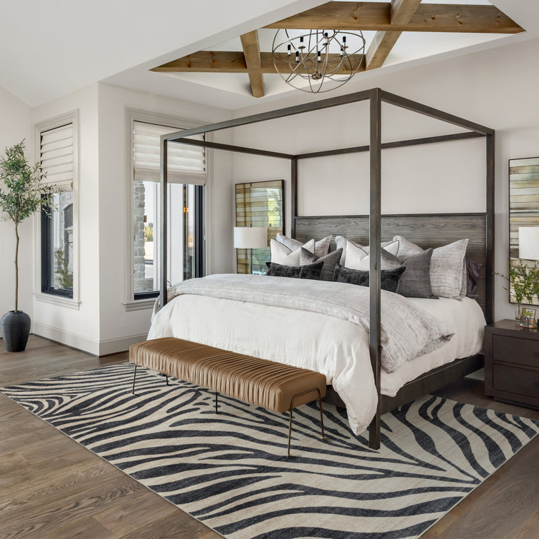 Black and White Zebra Print Washable 5' x 7' Synthetic Area Rug