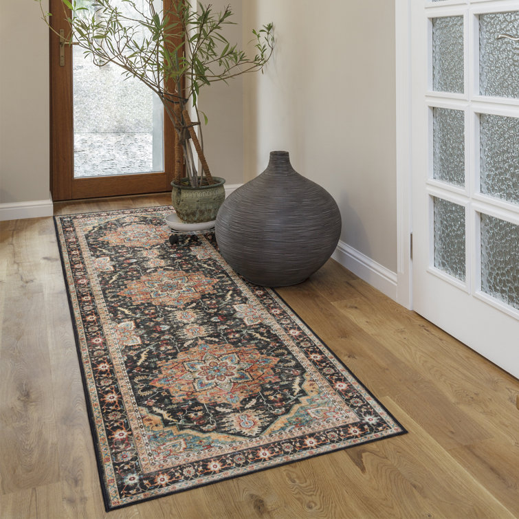 Soha Black and Beige Synthetic Oriental Runner Rug
