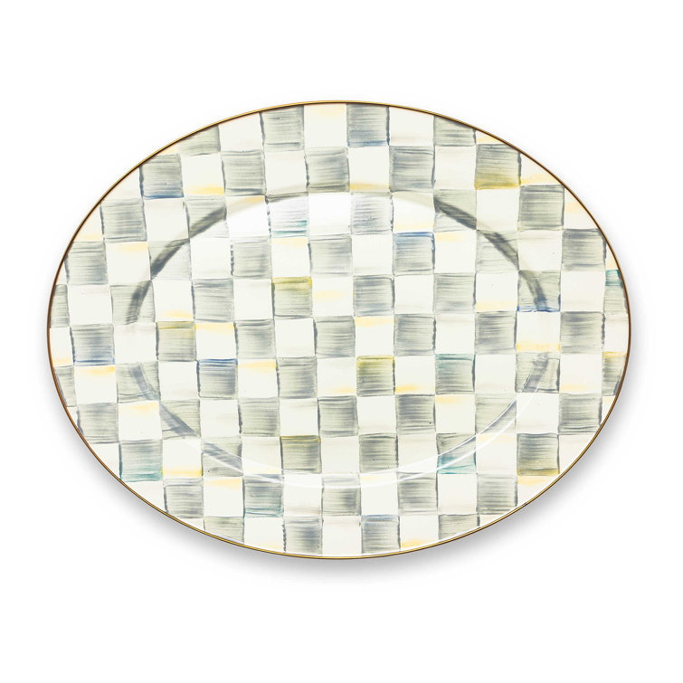 Large Gray-and-White Ceramic Oval Serving Platter with Bronzed Rim