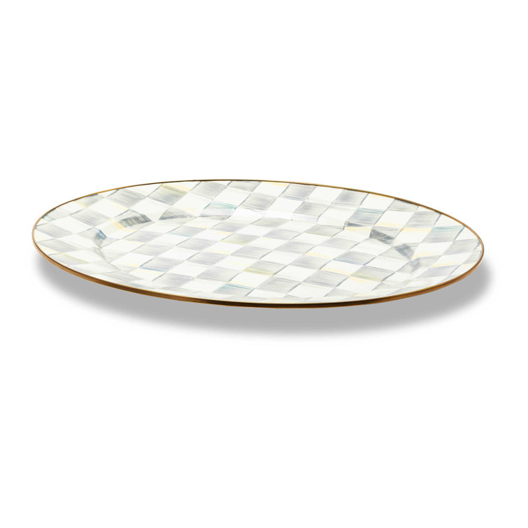 Large Gray-and-White Ceramic Oval Serving Platter with Bronzed Rim
