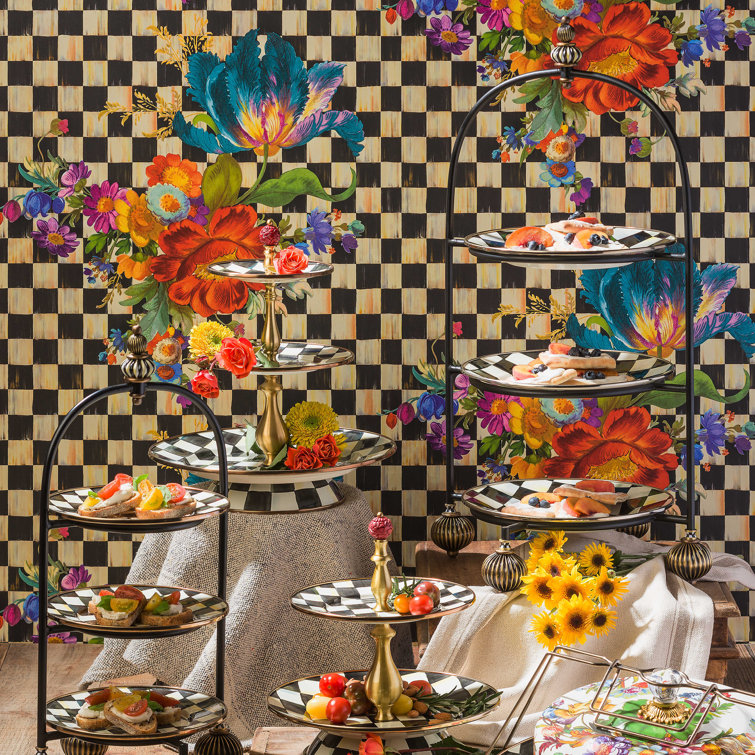 Courtly Check Round Multi-Color Tiered Sweet Stand with Brass Accents