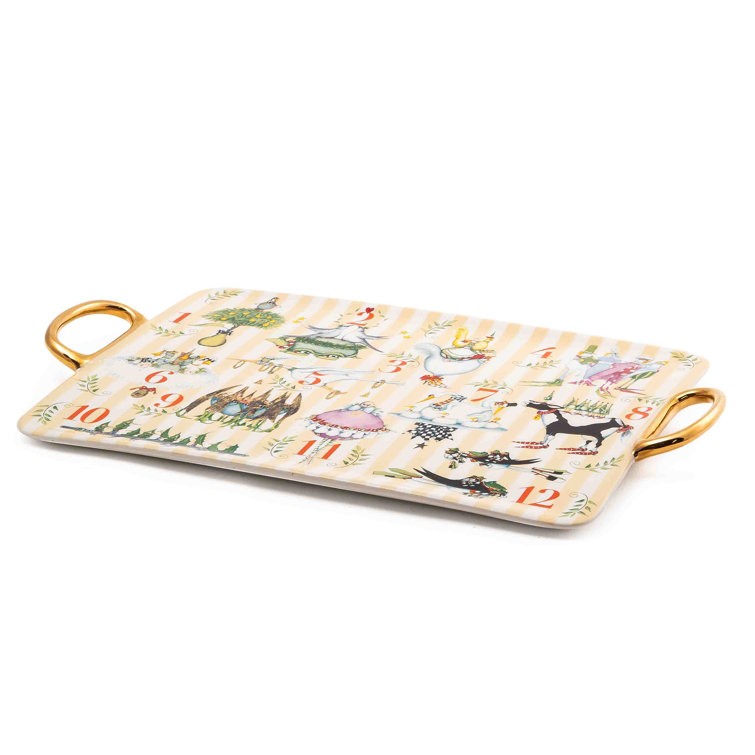 Handmade Gold Trimmed Ceramic Christmas Tray with Handles