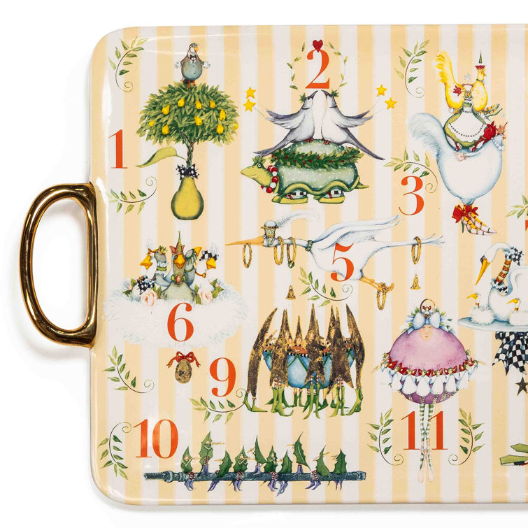 Handmade Gold Trimmed Ceramic Christmas Tray with Handles