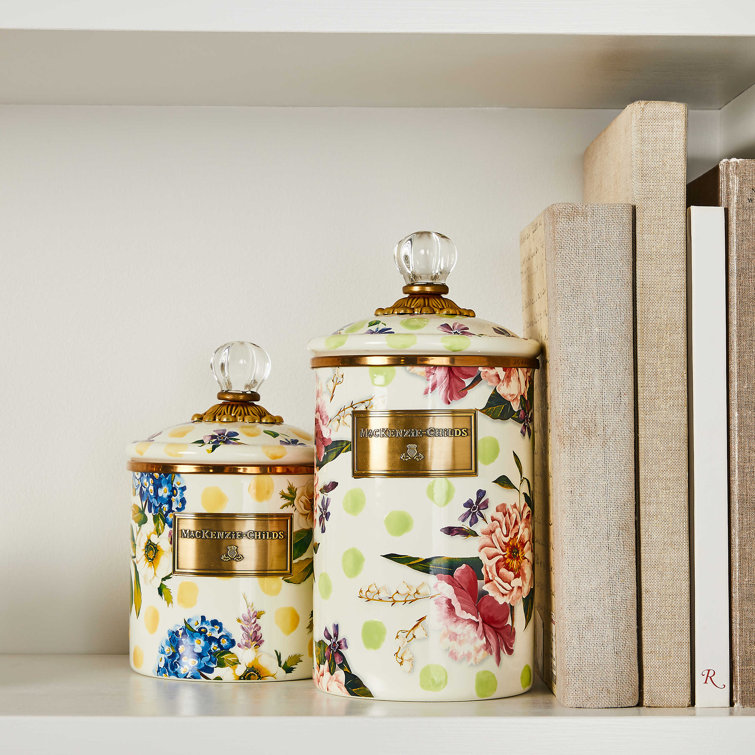 Large Green Floral Enamel Canister with Glass Knob