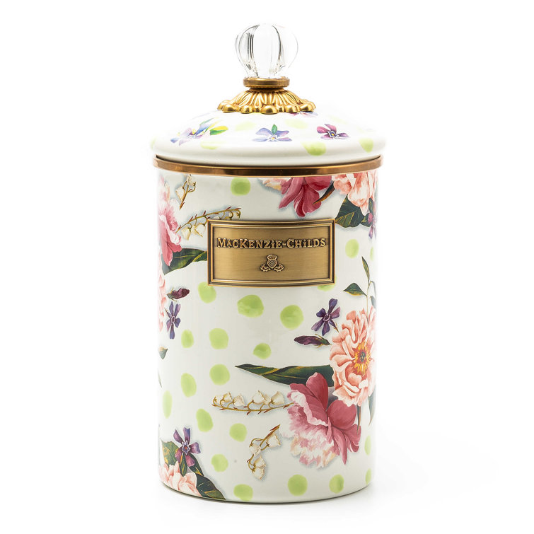 Large Green Floral Enamel Canister with Glass Knob