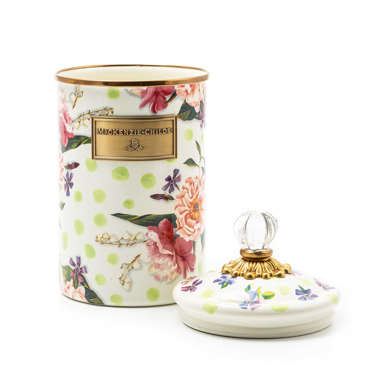 Large Green Floral Enamel Canister with Glass Knob